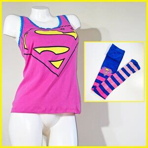 PRE-LOVED LARGE SUPER GIRL PINK/BLUE TANK & PINK/BLUE OMBRE STRIPED TIGHTS